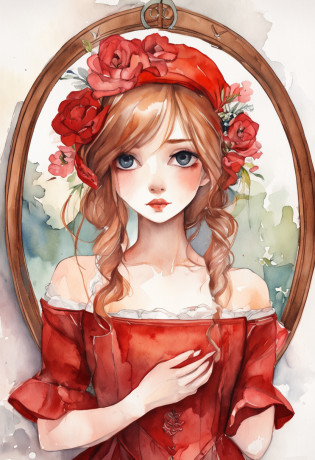 Anime girl in a red dress looking in a mirror, Imagen emocional, Pintura triste emocional, con un espejo, Looking in a mirror, Hugging, looking in the mirror, , looking in the mirror, , looking in the mirror, autorretrato!!!, una imagen, por Lizzy Ansingh, What depression looks like, por Maryam Hashemi