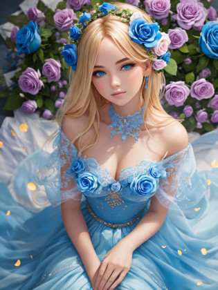 Beautiful female figure wrapped in blue roses, sitting down with a dreamy expression on her face. The surreal blue roses are delicately wrapped around her body, accentuating her blonde hair. The background is a fantasy landscape with a soft, dreamy glow. Shot with a Canon EOS R5, the composition is centered on the figure with a slightly tilted angle. The perspective is slightly from above, capturing the full beauty of the roses. The lighting is soft and diffused, highlighting the figure and roses while creating a dreamy atmosphere. The depth of field is shallow, with the roses in focus and the background softly blurred. The shutter speed is slow, capturing the delicate movement of the roses. The photo quality is high, with vibrant colors and sharp details. The overall effect is a surreal and dreamy image that captures the beauty of the female figure and the blue roses. --style raw --no camera --v 5.1