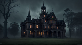 arafed image of a creepy mansion with a clock tower, spooky mansion, gothic mansion, haunted house themed, haunted gothic hotel, haunted house, scary gothic architecture, haunting and spooky, haunted mansion, architecture mystery, misty castle, spooky and scary atmosphere, urban fantasy setting, location of a dark old house, eerie looking, an old abandoned mansion, haunted, mansion --auto --s2
