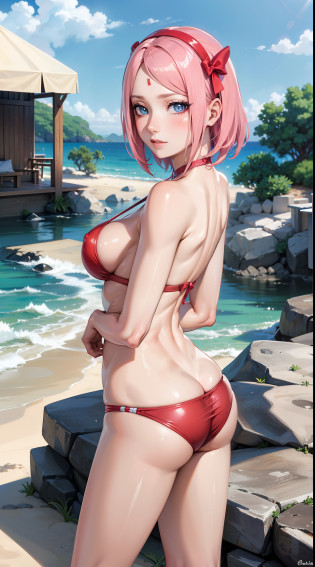 Haruno Sakura, Bela, obra prima, extremamente detalhado, melhor qualidade, best ilumination, melhor sombra, rosto perfeito, olhos verdes brilhantes, cabelo rosa curto, with a red bow in his hair, marca azul na testa, axilas, pele brilhante, red bikini, toalha, deitada na praia tomando sol, molhada, peitos grandes, ass towards the viewer, deitada,