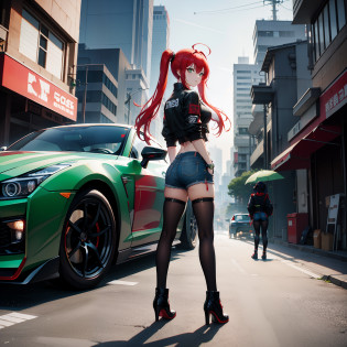 Full body shot, female asian Irina Shidou red hair twintails green eyes, standing next to a Nissan GT-R in a cyberpunk city, wearing a bomber jacket and crop top and denim shorts, standing next to a Nissan GT-R, side shot, back shot, shot from backside, behind shot, masterpiece, highly detailed