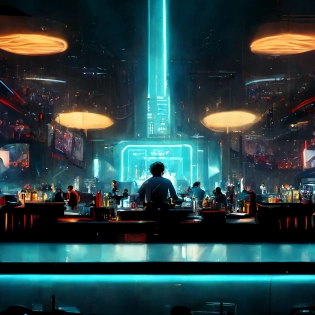 sci-fi city bar scene with huge dynamic view, dj playing for a crowd, ultra realistic, unreal engine, Tron Legacy