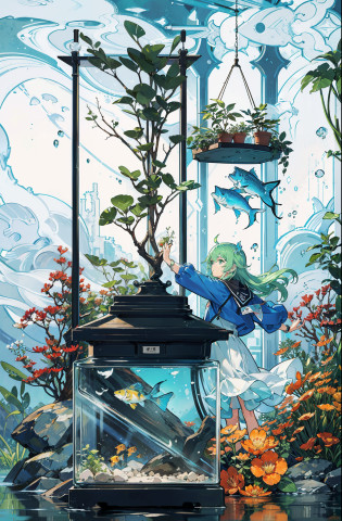 floating?bit girl, Green hair?The fish, high detal, warm, ????, Feeding, Shy, adolable, mini sence, Small fish, Transparent fish tank, Cuboid fish tank,, Big fish tank, Botanical garden background, The fish tank has a length-to-height ratio of 4:3, flora, Water surface depiction, afloat, Girl floating in the middle, Blue clothes, semi transparent?
