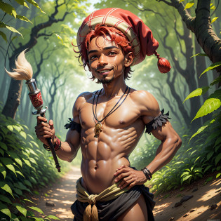 You are looking at a charming illustration of a Saci-Perer�, a figure from Brazilian folklore. The image depicts a small black boy with one leg because he is handicapped from birth, has red hair and a red cap on his head. The Saci is standing in the middle of a field, surrounded by tall trees and lush foliage. He's holding his famous pipe, a kind of pipe, between his lips as he watches the room with a mischievous smile. His eyes sparkle with an expression of curiosity and cleverness. In the background, you can catch a glimpse of a small swirl of leaves and dust, revealing your ability to move quickly. The Saci-Perer� seems to be ready to preach some mischief and delight everyone with his playful way. Photorealist --auto --s2