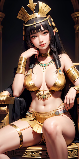 realisticlying?13yo girl?Ancient Egypt?Sit on a chair in a Cleopatra-style costume?Look up here?faces?Extra large zoom on chest?Looking Up?Smile?Chest zoom?Breasts enlarged?A sexy?Background Ancient Egyptian Temple?Open your legs to show your pants