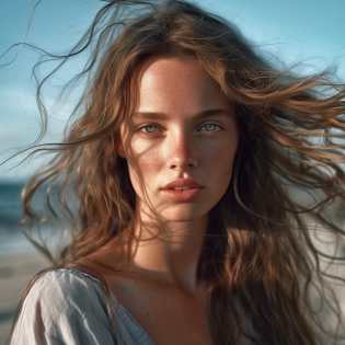 a detailed and realistic portrait of a woman with crystal clear round blue eyes and long messy hair on the beach, wearing a sundress, staring at the camera, chapped lips, soft natural lighting, portrait photography, magical photography, dramatic lighting, photorealism, ultra-detailed, intimate portrait composition, Leica 50mm, f1. 4