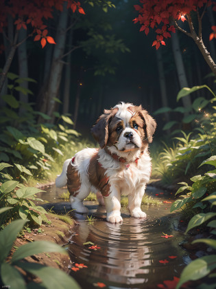 Masterpiece, best quality, (very detailed CG unity 8k wallpaper), (best quality), (best illustration), (best shadows), glowing sprite, (white with red little St. Bernard puppy), next to the lake clear water, natural elements in a forest theme. Black Mystery Forest, beautiful night forest, nocturnal nature surrounded by black flowers, black leaves and red branches surrounded by red fireflies (natural elements), (white little St. Bernard puppy), (night sky), (night jungle theme), (red glowing grass), (leaves), (branches), (red fireflies), (particle effects), etc.3D dark background, Octane rendering, red ray tracing, super detailing, ((black and red tones))