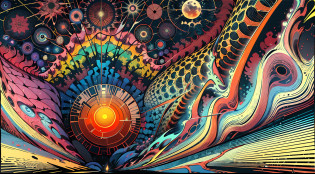 Monstruo gigante mirando hacia abjao en un paisaje de otro mundo,Gigante echo de fractales, Fractal infinito,fractal de Mandelbrot, divino, Figura imponente humanoide, masivo,escala masiba, mirando hacia abajo, de pie, inmenso, apocalyptic, colorido, iridiscente, obra maestra, 4k-resolution, detalles intrincados, dios,divino,ente superios echo de fractales,figuara imposible,geometria unica,
