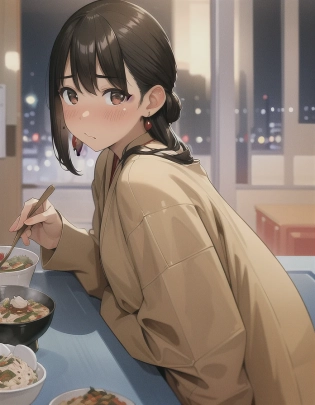 masterpiece, depth of field, cinematic view, <lora:YomYomStyle:0. 7>, 1 woman, yomyom, brunette, formal outfit, long hair, black hair, cute, (pov), sitting in front, day time, japanese street, serious, (((shy))), ((blushing)), (pov), looking at viewer, vibrant colors, cook outfit, side view, ((((food on table)))), detailed eyes, brown eyes, shining eyes, 1 boy, hispanic skin, white cook outfit, preparing food, jewelery