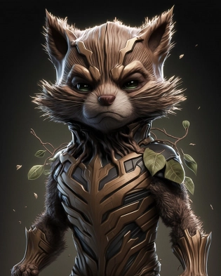 cat head anthropomorphic humanoid body, movie poster, marvel little cute Groot character, high detail, hyper realistic, octane rendering. --ar 4:5 --no people, girls, men, human faces