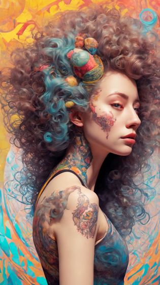 (style of richard deacon), formal wear  android,1girl,a  beautiful girl in a colourful dress with colourful intricate tattoos surrounded by colourful patterns,(Luminous burning hair:1.2),  realistic fantasy, extremely detailed and beautiful , 8 k resolution, <lyco:gpts4 lite dreamwave_278580:1.0>