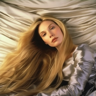 blond woman in a silver outfit laying on a bed, with very long blonde hair, extremely long thick blond hair, absurdly long blonde hair, ornate long flowing blonde hair, claudia schiffer, glorious long blond hair, ornate long blond hair, very long flowing hair, supermodel, with long blond hair, extra long hair, very very long blond curly ha