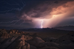 A striking and dramatic photograph of a lightning bolt illuminating the night sky over a vast desert landscape. The image captures the raw power and beauty of nature, with the intense flash of light casting an eerie glow over the barren, rocky terrain. The photograph is taken using a Canon 5D Mark IV DSLR camera paired with a wide-angle Sigma 14mm f/1. 8 Art lens, which allows for a stunning perspective and remarkable depth of field. The camera settings are carefully selected to freeze the action of the lightning bolt, with an aperture of f/2. 8, ISO 800, and a shutter speed of 1/4000 sec. The composition is further enhanced by the use of a tripod, which stabilizes the camera and eliminates any unwanted camera shake. The stark contrast between the dark sky and the illuminated landscape creates a dramatic and mesmerizing effect, while the subtle tones and textures of the desert rocks add depth and dimension to the image. This captivating photograph is a testament to the incredible power and beauty of nature and serves as a powerful reminder of our place in the world. --ar 3:2 --q 2