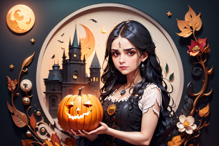 Bruja sosteniendo una calabaza y  luna llena en la espalda, hermosa bruja hembra, Hermosa bruja espeluznante hembra, Hermosa bruja femenina, Estilo de arte de Halloween calabaza Jack, Mujer Bruja, Hermosa bruja con cabello largo, Retrato de una bruja, bruja, Bruja, Retrato de una joven bruja, Bruja hechicera malvada, Hermosa bruja malvada, classical witch, una bruja, Bruja brillante, bosque con criaturas a los lados
