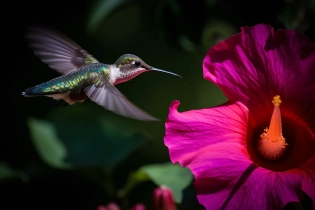 An exquisite photograph of a vibrant hummingbird delicately sipping nectar from inside of a brilliantly colored Hibiscus flower, captured in high resolution using a Canon EOS R5 camera with a 100-400mm f/4. 5-5. 6 lens. The camera is set to an aperture of f/5. 6, ISO 400, and a shutter speed of 1/2000 sec, freezing the motion of the hummingbird's wings as it hovers in mid-air. The lighting is carefully positioned to enhance the natural colors of the flower and bird, with a soft diffused light casting gentle shadows across the image. The composition is expertly framed, with the hummingbird positioned in the upper right corner, allowing the viewer to appreciate the intricate details of its feathers and the delicacy of its movements. The image transports viewers to a tropical paradise, capturing the beauty and wonder of nature in a single breathtaking moment, hyper-detail, Super-Resolution, UHD, DTM, HDR, 8K --ar 3:2 --q 2