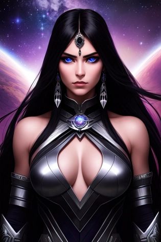 The warrior goddess stands tall on a desolate planet| her muscular body rippling with power and strength| her hair is long and flowing| a mixture of black and silver strands that shimmer in the light| her face is beautiful yet fierce with sharp cheekbones| full lips| piercing blue eyes that seem to see right through you| In her left hand she holds a sleek silver pistol that appears to be a hybrid of a futuristic firearm and a traditional revolver| the sky above her a mixture of deep purples and blues| reflecting the intense light of the nearby star| the artwork is composed in a hypermaximalist style with every inch of the canvas filled with intricate details and patterns| the use of light and shadow is particularly striking with the intense light of the star casting deep shadows across the planet's surface| the artwork is a groundbreaking and breathtaking masterpiece