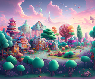 A painting of a fantasy village with many trees and houses, Fantasy City, whimsical fantasy landscape art, Arte de juego estilizado, Arte de fondo, Ilustraciones de fondo, A bustling magical town, Arte conceptual estilizado, fantasy matte painting?Lindo, en una casa estilo tierra de caramelos, Arte conceptual colorido, Bosque de dulces, Antecedentes de la ciudad, fantasy town setting, Antecedentes del juego