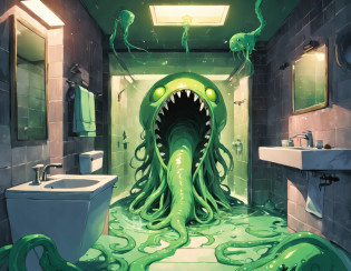 Small bathroom,inodoro,(Green slime alien blob monster with tentacles), sale del inodoro, fondo: Small bathroom,1aseo,1ventana,((Explosiones de limo verde)), Piso de tablero de ajedrez,mess, newspapers,