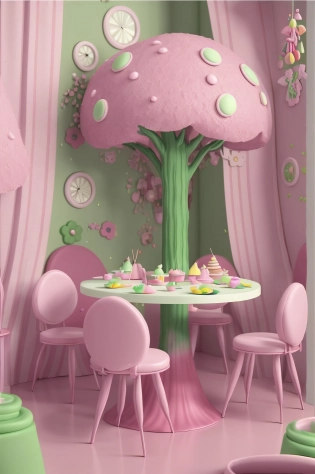 there is a table with a cupcake and a tree on it, surreal tea party, fantasy bakery interior setting, candy forest, stylized 3d render, 3 d stylize scene, stylized as a 3d render, 3 d render stylized, whimsical forest, in a candy land style house, beautiful render of a fairytale, in a whimsical fairytale forest