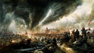 its armageddon war, angles blowing trumphet, warriors in action, extremly detailed environment, alan lee, william turner, radiant light, dangerous, thunder, ultra realistic, atmospheric, ultra wide epic shot, aerial view, illustration, HD --ar 16:9 --v 3 --s 2000