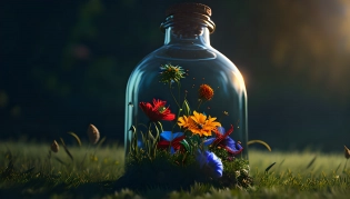 view of colorful flowers, inside a glass bottle on the grass, breaking light, sunny, spring, clear blue sky, highly detailed, sharp focus, professional, 8k UHD, cinematic, dark, violent, river, dramatic, nervous vibe, render, HDR