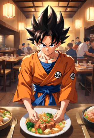 Dragon Ball Goku?Great ape, full body portrait?of a real?Facial features are carefully depicted?Realistic skin texture?Dark style?depth of fields?high light?Real light?Ray traching?oc rendered?Hyper-realistic?best qualtiy?8K?Works of masters?super-fine?Detailed pubic hair?Correct anatomy?sharp focus on eyes?facial features are carefully depicted. Goku Disfrutando de Fideos Chinos en un Restaurante