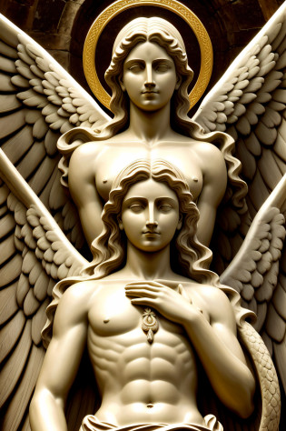 Arafed statue of an angel with 3 snakes around it, O Anjo da Morte, um anjo parado, the angel of death with a halo, angel statues, anjo, Anjo com asas pretas, anjo do antigo testamento, anjo da morte, anjo protegendo a mulher, fotografia anjoical, Tiro distante High Angel, Retrato do Anjo da Morte, Anjo da dor, anjo escuro