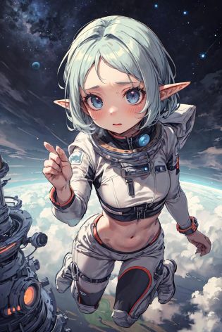 (best quality, masterpiece) high resolution, extremely detailed, detailed background, cinematic lighting, illustration, 1girl, solo, active pose, colored inner hair, long eyelashes, colored eyelashes, (sharp eyes:1), cloudy sky, flying, floating, floating hair, above clouds, from above, stars, elf, starry sky, spacesuit, thight suit, midriff, (nude:0.8), LunarPunkAI, forehead,  <lora:add_detail:0.8>  <lora:LunarPunkAI:1>