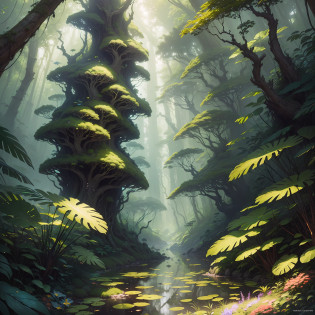 Digital illustration, detailed and intricate, picture of a dense rainforest with wild flowers , the sunlight filtering through the canopy to a wide river, Dark and dirty prism effect.In the style of Yoshitaka Amano and Hayao Miyazaki, masterpiece, proportional, detailed, trending on artstation, beautiful lighting, realistic, intricate, award winning, 4k, highest quality Award-winning, 4K digital painting in the style of Yoshitaka Amano. Detailed and intricate depiction of rainforest ecosystem, masterfully capturing the chaos and drama of the nature. Beautiful lighting and cinematic composition make this piece a true masterpiece, trending on artstation --auto --s2