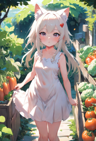 Sleeveless?Vegetable garden where anime cat-eared girl in white dress stands, Lori in a vegetable dress, small curvy loli, artwork in the style of guweiz, guweiz on pixiv artstation, guweiz on artstation pixiv, guweiz, small loli girl, soft anime illustration, Anime visuals of cute girls, Detailed Digital Anime Art, Sleeveless?