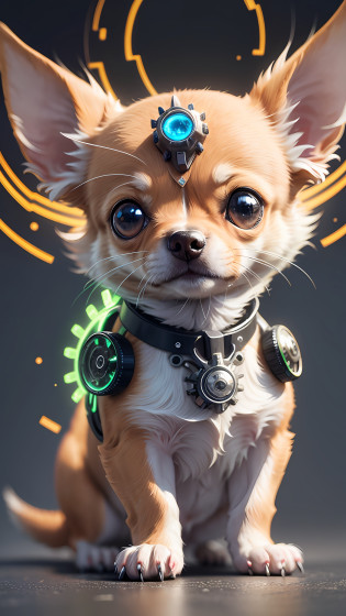 Robotic Chihuahua: Witness the harmonious fusion of nature and machinery in this NFT featuring a robotic Chihuahua. The artwork showcases the Chihuahua with sleek metal plating, carefully integrated gears, and glowing circuitry that runs through its form. The metallic textures reflect the surroundings, resulting in an intricate play of light and shadow. This NFT captures the essence of technological prowess while preserving the adorable essence of the Chihuahua breed. --auto --s2