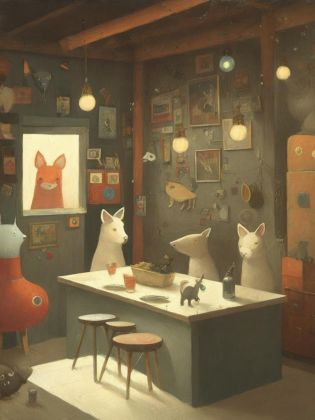 <lora:ShaunTan:1>a painting of animals in a party by Shaun Tan,with a rustic exterior, The drawing showcases the  cozy atmosphere that blends seamlessly with its natural surroundings, rustic, quaint, cozy.by Shaun Tan
