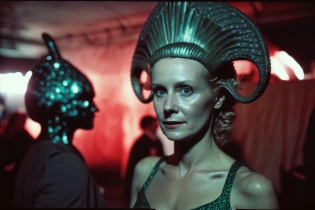 A film photo. Portrait of a Lady at an alien-themed gala in New York in the 1980s. At the red carpet, stage lighting, 8k realistic, 50mm lens photography, --ar 3:2