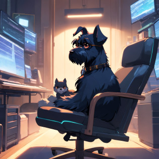 Master Parts, schnauzer, matrix style, Black coat, Type with the keyboard, Sitting in a chair in front of a PC, Lunette de soleil, Dynamic Angle, Best Quality, 4K,