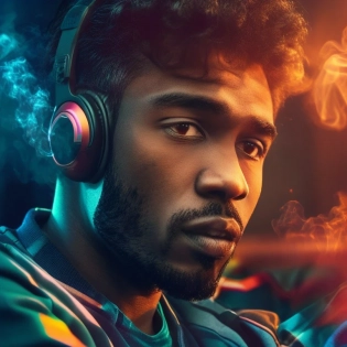 A young, brown-skinned man with amber eyes, listening to music and smoking in a realistic, 4K-rendered car.