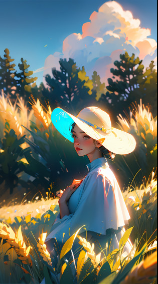 A peasant with a straw hat is in a wheat field, grandes nuvens, blue skies, campo de arroz, mudas de arroz puro no campo, floresta, encosta, isolado, campo, detalhe HD, hiperdetalhe, cinemactic, surrealismo, luz suave, foco de campo profundo bokeh, ray tracing e surrealismo. --v6