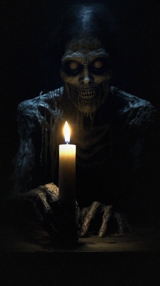 Creepy female creature by a candle on a table, horror, dark and haunting, hyperrealism, ultra-detailed, 8k --ar 9:16 --s 750