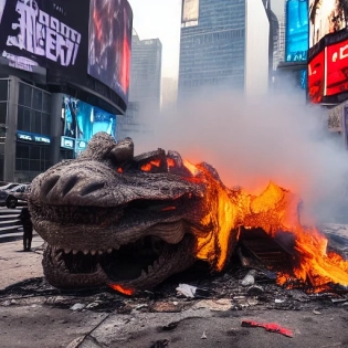one godzilla portrait close up of fire, a destroyed car on mouth, manhathan street perspective, times square apocalyptic fire, jeans and t shirt on the pavement, photorealistic, epic, dramatic lighting �testp �ar 2:3 --upbeta