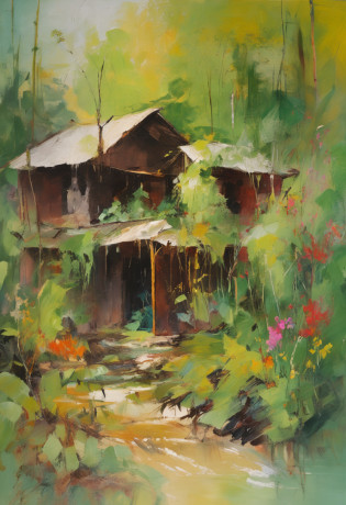A hut in the middle of a bamboo forest?There is a small stream in front of the cottage?There is a courtyard in front of the house?Man tending flowers and plants in the courtyard?Woman and daughter frolicking in the courtyard?The picture is a shocking look up?4k???Cinematic lighting effects?Tyndall Light?The whole scene is pale green?The color atmosphere is strong