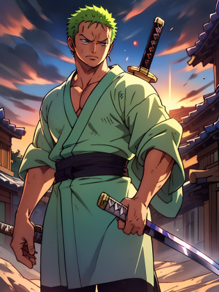 Roronoa Zoro (Masterpiece, 4k resolution, ultra-realistic, very detailed), (Theme of white samurai, charismatic, there is a swordsman next to a Japanese 