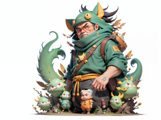 Aalfed man in headscarf and dragon shirt, Pengyin Yin J - Jiang Geping, Zeng Fanqian, Chen Xintong, Huang Huifeng, Liang Xing, Huang Guangjian, Leng Jun, Lin Xiang, Lin Qifeng, Luo Qisheng, Pan Chengwei, Wang Wei, Duan Xiang, Digital Painting, Mark Clairenden and Pixar and Hayao Miyazaki and Akira Toriyama 3D character design, the illustration is a 4K resolution HD illustration with very detailed facial features and cartoon style visuals.