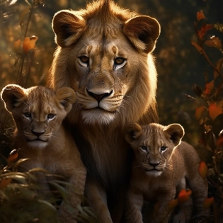 lion and his cubs, in the style of nikon d850, combining natural and man-made elements, colorized, jessica drossin, alasdair mclellan, pristine naturalism, powerful symbolism, ultra-detailed, highest detail quality, ultra-realistic, photorealistic, cinematic, movie quality rendering, octane rendering, focused, depth of field, real shadow, vfx post-production, rtx ray tracing lighting, 32k uhd, --ar 160:159 --quality 2 --s 750 --v 5. 1