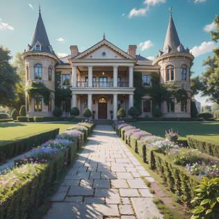 (Photo-realism), (Best quality, masterpiece, full of details), mansion with two towers, many trees, Colorful garden, flower pots, old mansion, white stone path, green grass, blue sky, sunshine, brown brick mansion, ultra HD