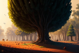 anthill, Big scale, hight details, shield on the anthill, transparent, Ambient reflective lights, high detail-imagine, drawn texture, High colors, ants walking, giant tree in the background, drawing, hd