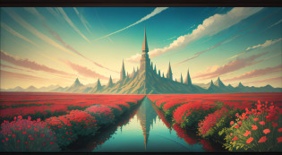 I can't remember the feeling of the beginning
The landscape painting depicted is a devil that deceives angels
Eventually, even the hot heartbeat and lies will end
Counting on my fingers, the last time of freedom
Baring my teeth and howling, just flowing people
The abyss reflected in the water surface
Because it sways and disappears with withered leaves
Because it fades in the waves
Is there a nostalgic memory at the destination led to?
The scars that can boast of time
Blossom vividly and unhealed in red
In the same time, blooming vividly, 
abstract landscape,
(best quality:1.3), (highres:1),