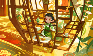 A girl in a traditional Chinese-style indoor setting, wearing a beautiful flowing dress with intricate patterns. The girl has a joyful expression on her face, with bright, sparkly eyes and a wide, happy smile. Her skin is highly detailed and flawless, with a soft, porcelain-like appearance. The scene is bathed in warm, golden lighting, creating a cozy and inviting atmosphere.

The room is elegantly decorated with traditional Chinese furniture and ornaments, such as red lanterns, hand-painted porcelain vases, and ornate wooden screens. The walls are adorned with delicate silk paintings depicting serene landscapes and colorful floral arrangements. The air is filled with the fragrance of incense, adding to the peaceful ambiance.

The girl is surrounded by her favorite things, including a tea set with delicate porcelain cups, a stack of ancient books, and a traditional Chinese musical instrument. She sits gracefully on a silk-covered cushion, holding a delicate fan in her hand. Outside the window, a view of a tranquil garden can be seen, with blooming cherry blossom trees and a serene koi pond.

The artwork is created with the highest quality standards, ensuring every detail is captured with precision and clarity. The colors are vibrant and rich, reflecting the traditional color palette of Chinese art. The brushstrokes are refined and skillful, showcasing the beauty of traditional Chinese painting techniques.

The focus of the artwork is on the girl, her surroundings, and the intricate details of her dress and accessories. The eyes are particularly detailed, capturing the depth and expressiveness of her gaze. The overall effect is one of harmony and tranquility, inviting the viewer to immerse themselves in the beauty of Chinese culture and tradition.

(best quality, 8K, highres, masterpiece:1.2), ultra-detailed, (realistic, photorealistic, photo-realistic:1.37), traditional Chinese art, joyful expression, intricate patterns, Chinese music, Chinese tea set, traditional f