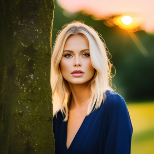 photo realistic portrait of a gorgeous scandinavian girl, medium blonde hair, ((tropical island environmen)), at sunset, detailed face, intricate, sharp, focused, depth of field, symmetrical face, f/1. 8, 85mm, Nikon Z9, ((centered image composition))