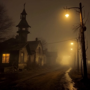 A sleepy old town on a thick foggy dusk, yellow light lamp post, eerie, creepy and scary scene, dark and haunting, ultra-detailed, photography, realistic, 8k --s 750