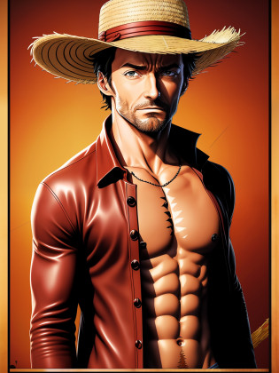 Hugh Jackman como Luffy (one piece), straw hat, efeito VHS, (poster: 1.6), Cartaz de Wanted Dead or Alive na parede, Modelo de cartaz oeste selvagem, nostalgia, Cartaz da capa do filme solo de Luffy, retrato, Close-up (textura da pele), intricadamente detalhado, detalhes finos, hiperdetalhado, ray tracing, subsurface dispersion, lighting soft fuzzy, raso profundidade de campo, por (Oliver Clima)