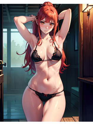 Masterpiece, animerealistic, Top quality, Ultra high definition, Maximum resolution, Very detailed, Professional lighting, Cowboy shot, One girl, she�s a female oni, devilish girl, she has light red hair, gothic demoness, Very cute, submissive , long hair, Hairpin, wearing micro bikini in black, gothic, wearing black panties showing arms folded behind the head, cold expression, embarrassed, her body is wet with white liquid, face, sexy female oni with legs open at M o'clock, panty bite, lace panties, steam, heavy breathing, anime screencap, thighs, seductive sweat, yellow eyes, beautiful eyes, wearing mascara,  blush, drippy panties